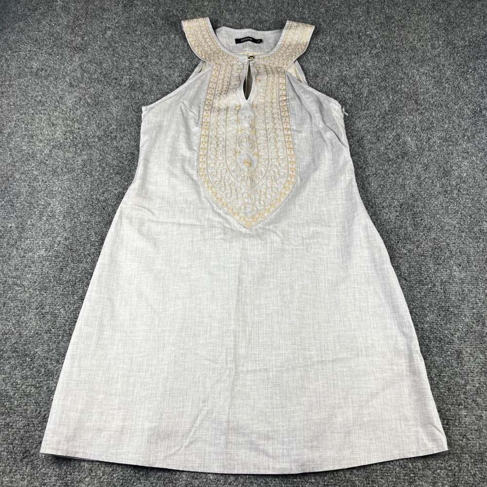 Theme Womens Cotton Linen Blend Embroidered Shift Dress Gray Gold Resort Boho Sm